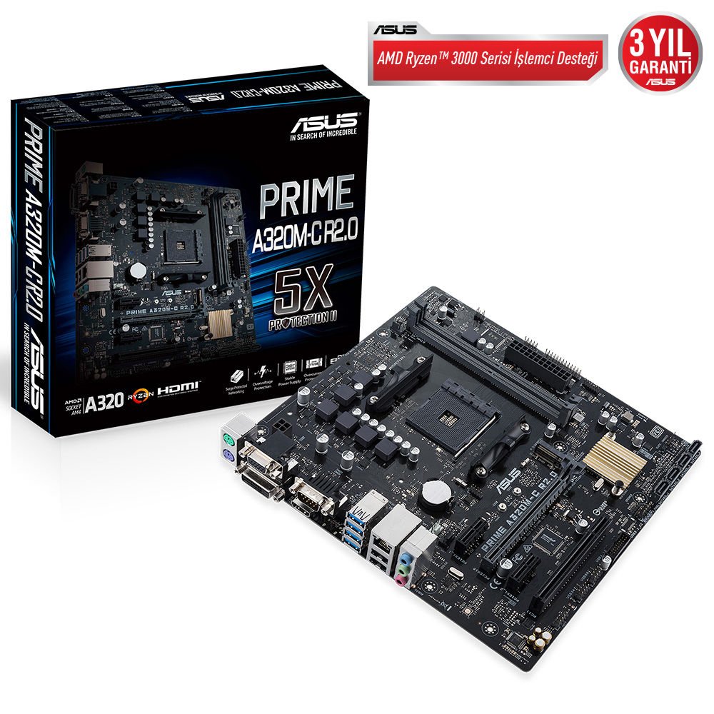 ASUS PRIME A320M-C R2.0 A320 2xDDR4 VGA+DVI+HDMI+COM 16X 1xM2 AM4 ANAKART