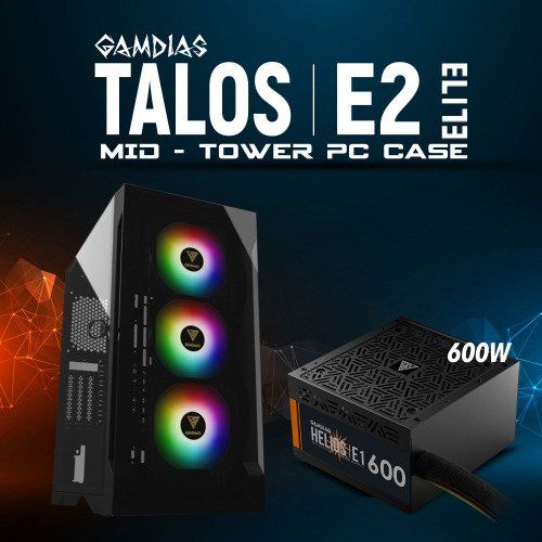 GAMDIAS TALOS E2 ELITE 600W  ARGB TEMPERED GLASS USB 3.0 SİYAH GAMING KASA