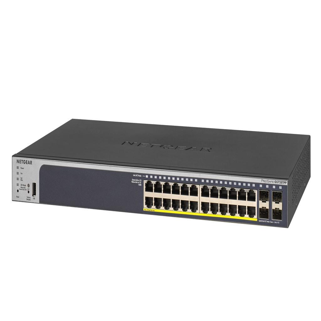 NetGear GS728TPP-200EUS 24 Portlu 10/100/1000 Gigabit 4 dedicated SFP port, 24 Port PoE+ (384W)