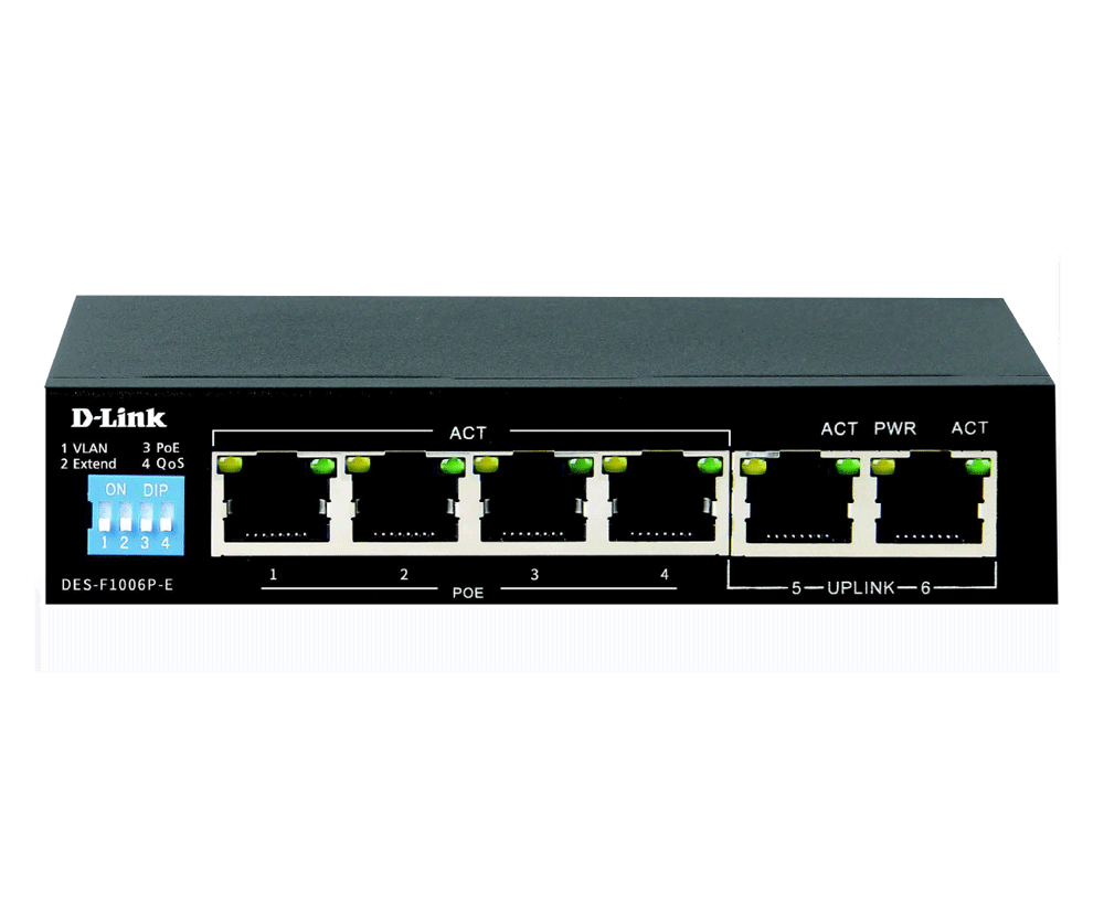 D-Link 6-port 10/100Base-T Unmanaged Long Range 250m PoE+ Surveillance Switch with 4 PoE ports, 60W PoE Power budget (EU Plug)