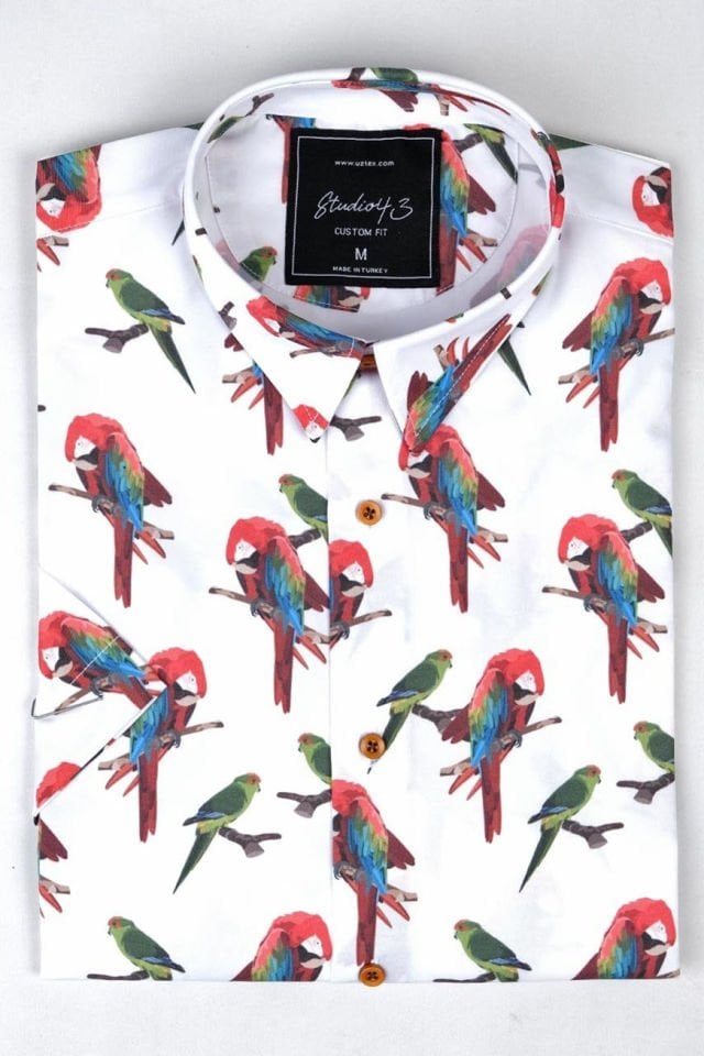 Pirate Oversized Unisex Mini Collar Exotic Parrot Print Wooden Button Shirt - Multi-color
