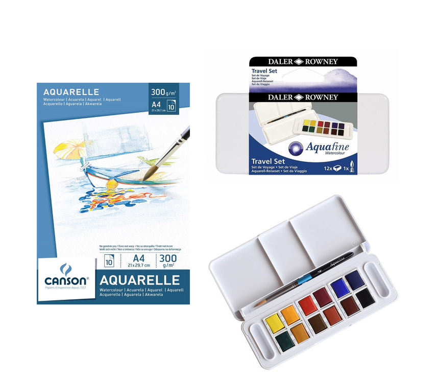 Daler Rowney Aquafine Suluboya 12 Renk + Canson 300 gr A4 Suluboya Defteri