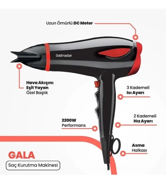 GoldMaster Gala 2200 Watt Difüzör Başlıklı Kademeli Saç Kurutma Fön Makinesi Kırmızı IN-6138