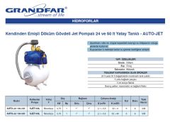 Grandfar AUTO-Jet 100-50lt  50 Litre Yatay Tanklı 1Hp 220V Jet Pompalı Paket Hidrofor