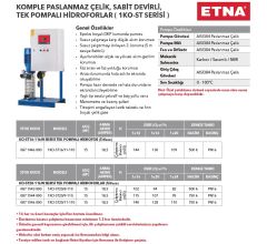 Etna 1KO-ST16/6-55  7.5Hp 380V Tek Pompalı Komple Paslanmaz Çelik Sabit Devirli Hidrofor (Aisi 304)