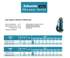 ATLANTİS DRNA 18-0.37M  0.50 HP 220V KESON KUYU ÇOK AMAÇLI DRENAJ DALGIÇ POMPA - Alüminyum Sargılı (Okyanus Serisi)