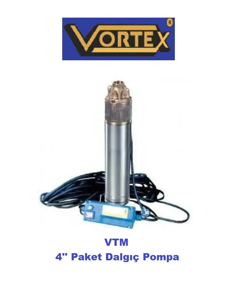 Vortex VTM 15 M  1.5Hp 220V Kendinden 20 metre Kablolu ve Kumanda Panolu Kademeli 4'' Paket Dalgıç Pompa (Silisyum keçe-NSK rulmanlı-Bronz fanlı)