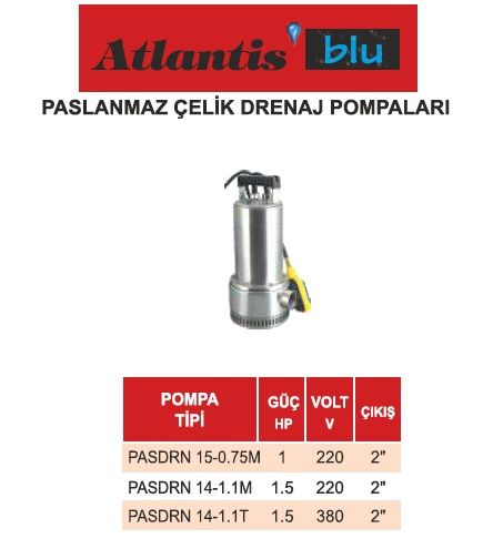 Atlantis Blu PASDRN 14-1.1T   1.5Hp 380V  Paslanmaz Çelik Açık Vortex Fanlı Drenaj Dalgıç Pompa (Aisi 304)