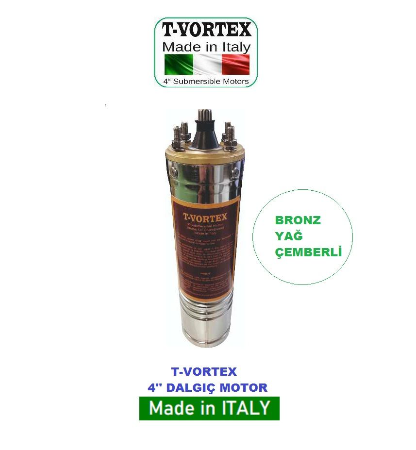 T-Vortex 1Hp 380V  4'' Derin Kuyu Sondaj Kuyu Dalgıç Motoru - Bronz Yağ Çemberli -Pompasız Tek Motor / ORJİNAL İTALYAN