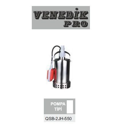 Venedik Pro QSB-2JH-550  550W 220V Paslanmaz Çelik Gövdeli Temiz Su Drenaj Dalgıç Pompa (Üstten Çıkışlı)