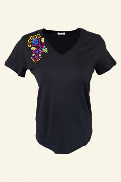 Renkli Boncuk İşlemeli Basic V Yaka Pamuklu Siyah Tişört