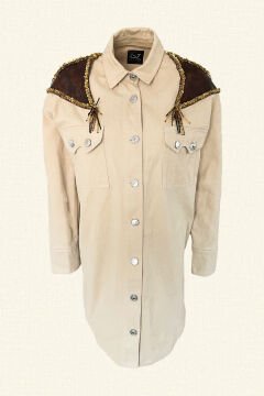 Deri Üzeri Pul İşlemeli Uzun Krem Oversize Jean Ceket