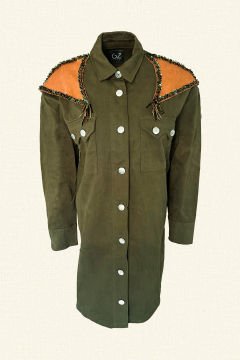 Deri Üzeri Pul İşlemeli Uzun Yeşil Oversize Jean Ceket