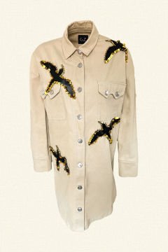 Deri Üzeri Pul İşlemeli Kuş Figürlü Uzun Krem Oversize Jean Ceket