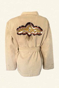 Sırtı Kristal Taşlı Krem Jean Ceket