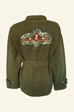 Sırtı Kristal Taşlı Yeşil Jean Ceket