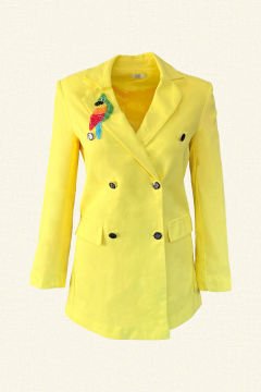 Renkli Kuş İşlemeli Sarı Blazer Ceket