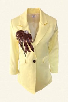 Deri Üzeri Bakır İşlemeli Çiçek Figürlü Uzun Sarı Blazer Ceket