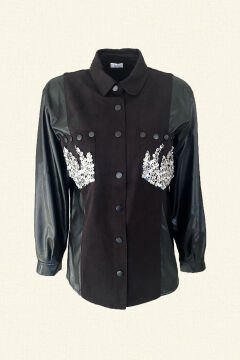 Gümüş Alev İşlemeli Kolları Deri Detaylı Siyah Renk Jean Ceket
