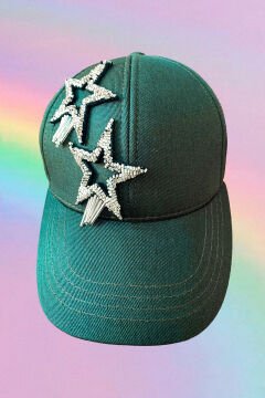 Gümüş Yıldız İşlemeli Haki Yeşili Kasket Şapka