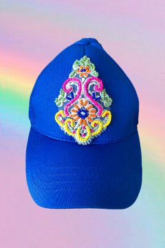 Renkli Boncuk İşlemeli Saks Mavi Kasket Şapka