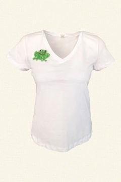 Kurbağa Boncuk İşlemeli V-Yaka Beyaz Tişört