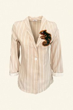 Deri Üzeri Boncuk İşlemeli Bukalemun Figürlü Beyaz Çizgili Krem Keten Blazer Ceket