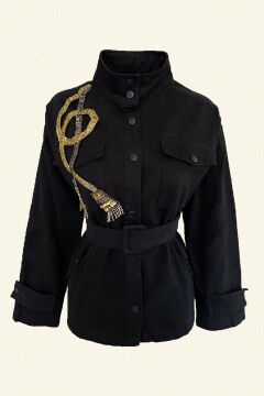 Gold Püskül İşlemeli Siyah Renk Jean Ceket