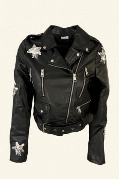 Gümüş Yıldız İşlemeli Siyah Biker Deri Ceket