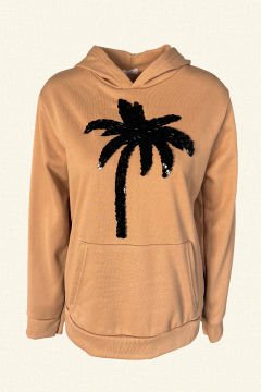 Siyah Palmiye İşlemeli Krem Renk Kapişonlu Sweatshirt