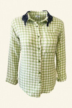 Yakası İşlemeli Yeşil Kazayağı Desenli Ceket