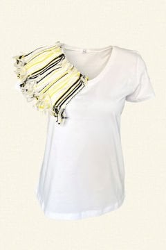 Beyaz Püskül Ve Fırfır Detaylı V-Yaka Beyaz Tişört