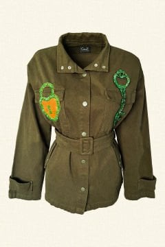 Deri Üzeri Kilit Figürlü Anahtar İşlemeli Yeşil Renk Jean Ceket