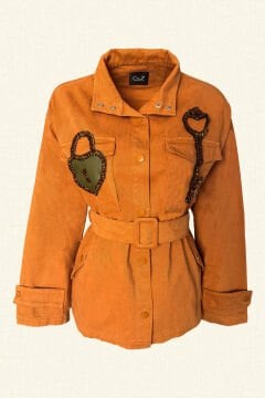 Deri Üzeri Kilit Figürlü Bakır Anahtar İşlemeli Kiremit Renk Jean Ceket
