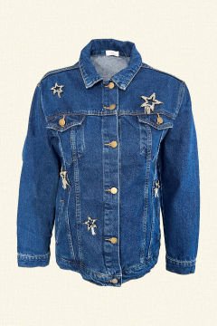 Yıldız İşlemeli Koyu Renk Jean Ceket