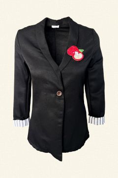Elma İşlemeli Kolları Çizgili Siyah Renk Keten Blazer Ceket
