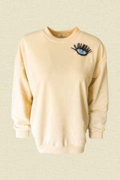 Göz İşlemeli Krem Renk Oversize Sweatshirt
