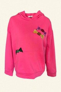 Renkli Bonibon İşlemeli Pembe Renk Oversize Kapüşonlu Sweatshirt