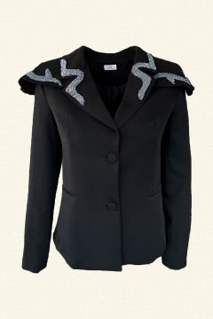 Fırfır Detay Üzeri Dal Motifli Siyah Blazer Ceket