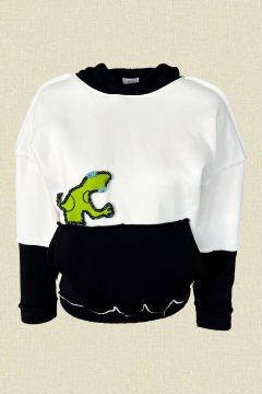 Yeşil Deri Üzeri Kertenkele Figürlü Siyah-Beyaz Kapüşonlu Sweatshirt