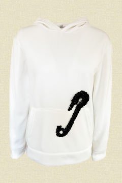 Siyah Çengelli İğne İşlemeli Beyaz Renk Kapüşonlu Sweatshirt
