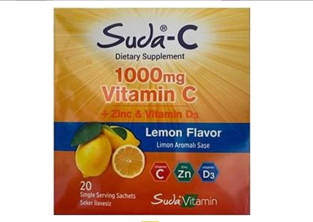 Suda Vitamin C 1000mg + Çinko + Vitamin D3 20 Suda Eriyen Saşe - Limon