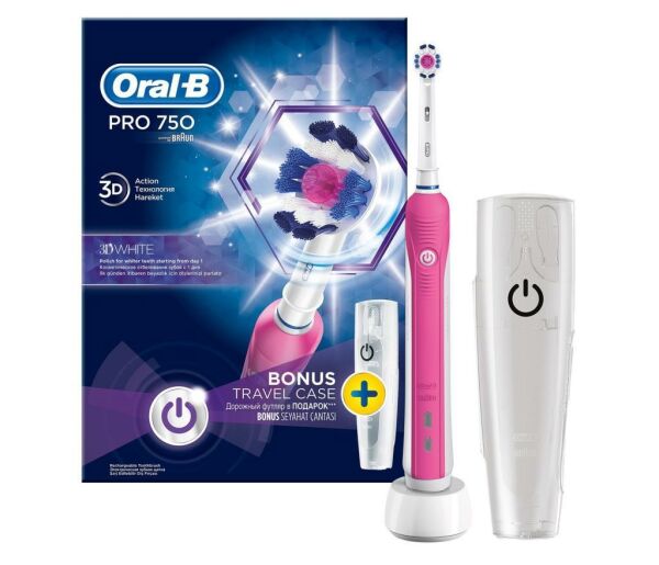 Oral-B Pro 750 3D White Pembe Şarj Edilebilir Diş Fırçası + Seyahat Kabı