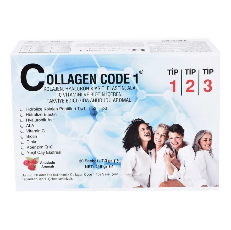 Collagen Code 1 Tip1 - Tip 2 - Tip 3 Hidrolize Kolajen Ahududu Aromalı 30 Saşe