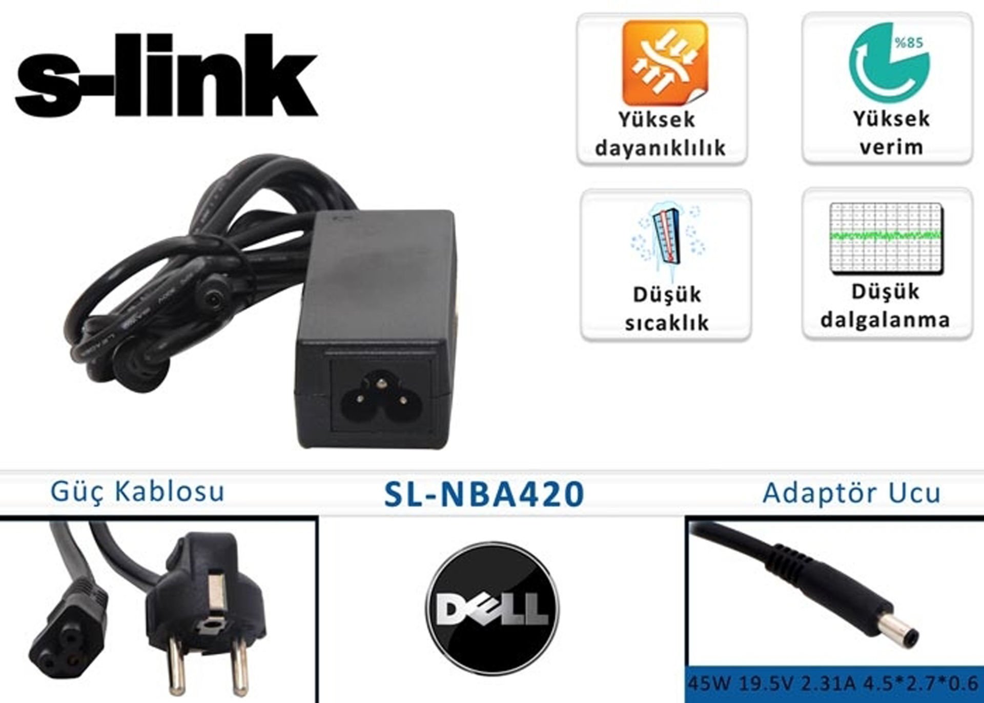 S-link Dell Notebook Adaptörü SL-NBA 420 45W 19.5V 2.31A 4.5*2.7*0.6
