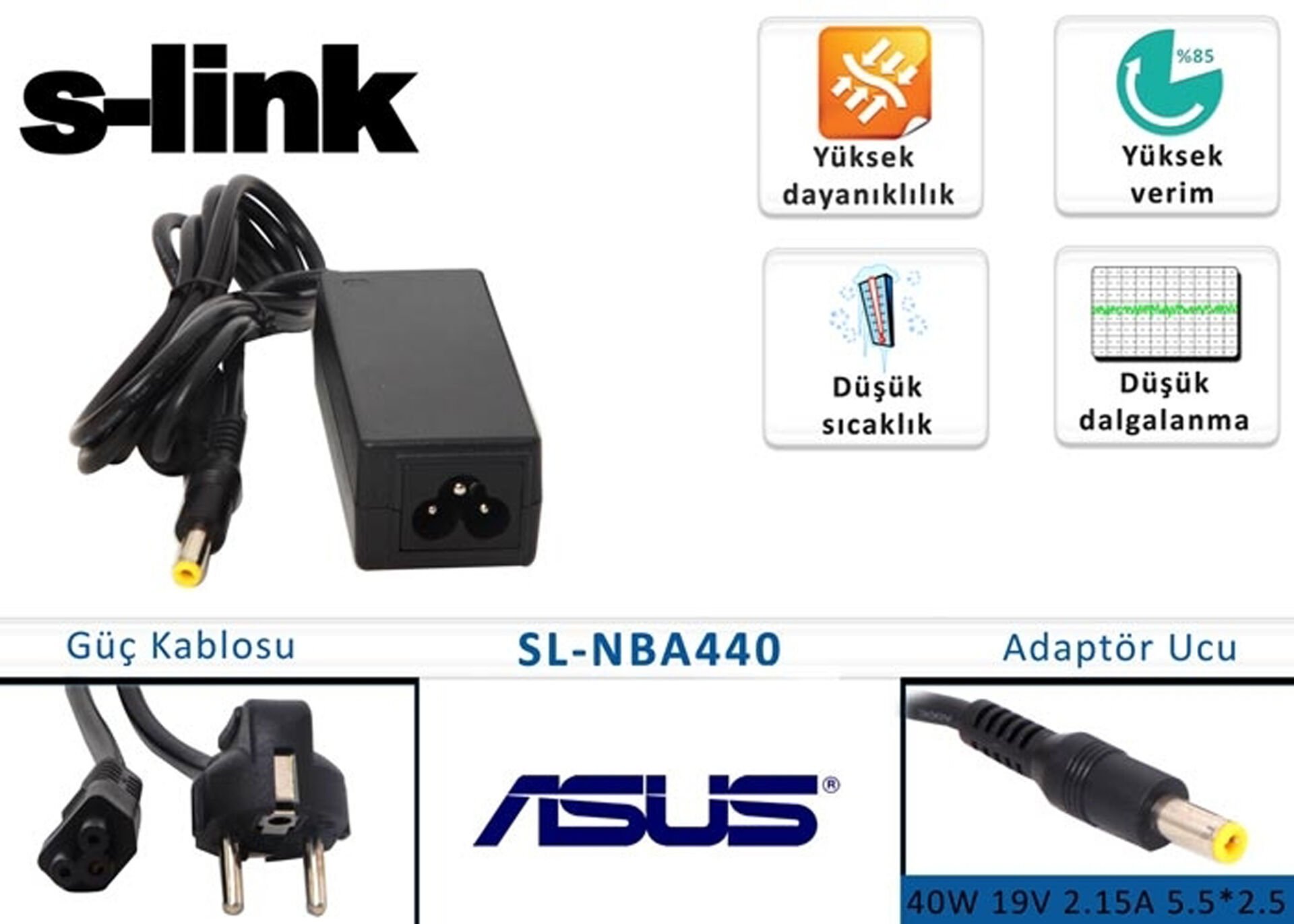 S-link Asus Notebook Adaptörü SL-NBA440 40w 19v 2.15a 5.5-2.5