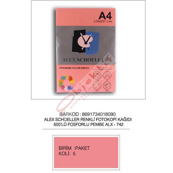 Alex Schoeller Renkli Fotokopi Kağıdı 500 LÜ A4 75 GR Fosforlu Pembe ALx-742