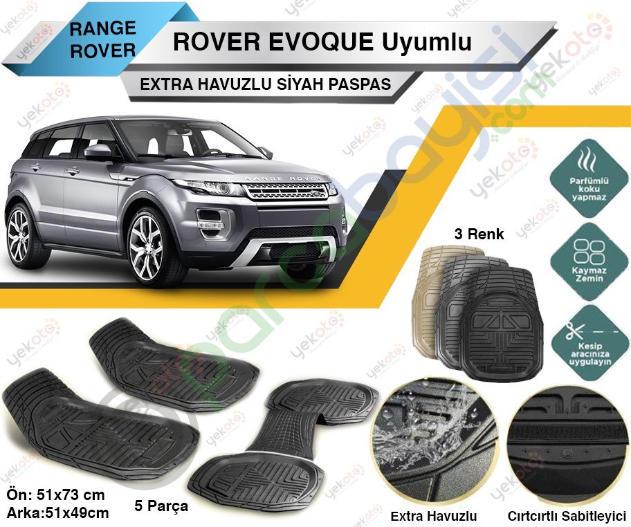 Range Rover Evoque Uyumlu Extra Havuzlu Kesilebilir Siyah Paspas