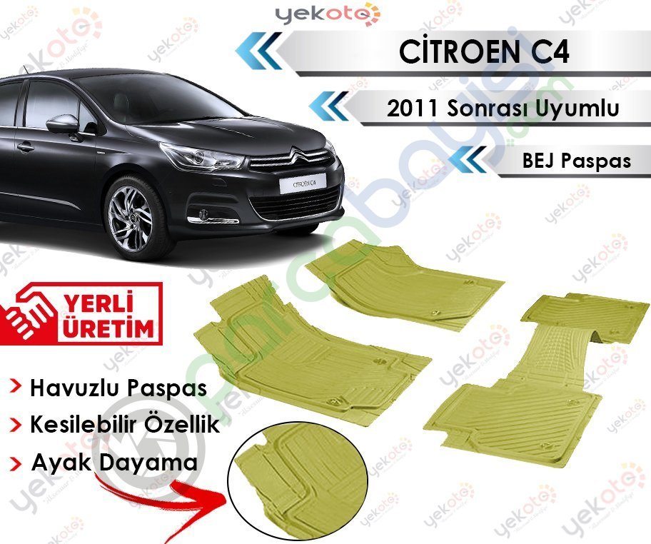 Citroen C4 2011 Sonrası Uyumlu Havuzlu Kesilebilir Bej Paspas