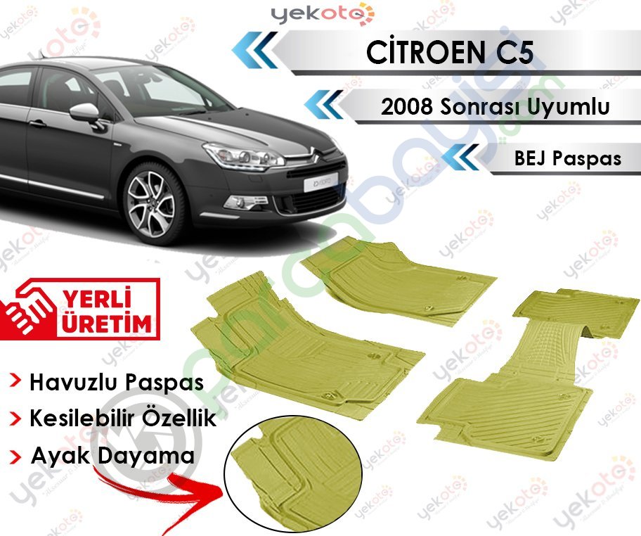 Citroen C5 2008 Sonrası Uyumlu Havuzlu Kesilebilir Bej Paspas